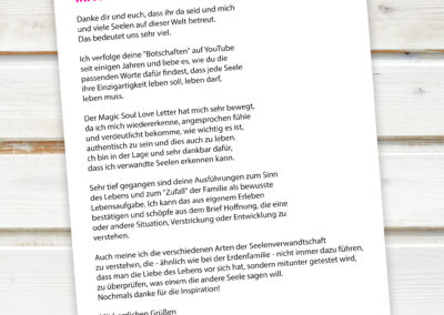 Kunden Rezension – Erinnerung des MAGIC SOUL LOVE LETTER No. 1 – Die Vorbereitung Deiner Inkarnation, gechannelter Liebesbrief Deiner Seele von ANNETT & ISIE – THE SOUL LOVE REVOLUTION.